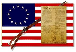 image of the 1776 Flag a rifle and the Constitution